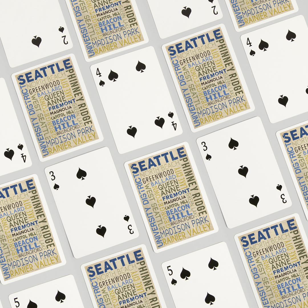 Playing Cards, Seattle, Washington, Neighborhoods Typography, 52 Card Deck with Jokers in Box, Unique Art