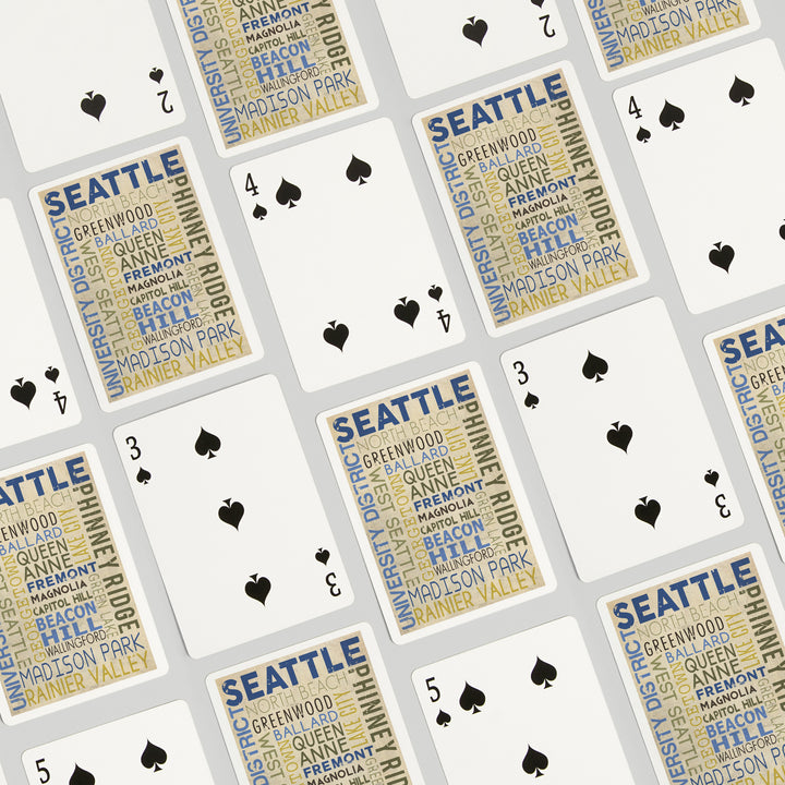 Playing Cards, Seattle, Washington, Neighborhoods Typography, 52 Card Deck with Jokers in Box, Unique Art