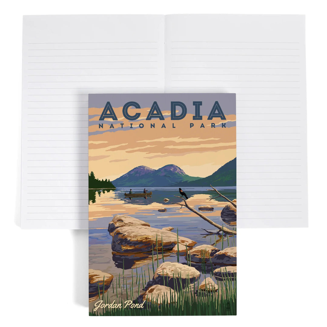 Lined 6x9 Journal, Acadia National Park, Maine, Jordan Pond Illustration, Lay Flat, 193 Pages, FSC paper