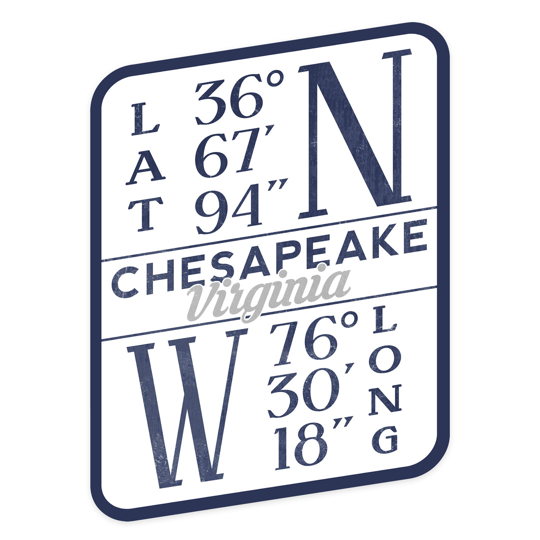 Chesapeake, Virginia, Latitude and Longitude (Blue), Contour, Vinyl Sticker
