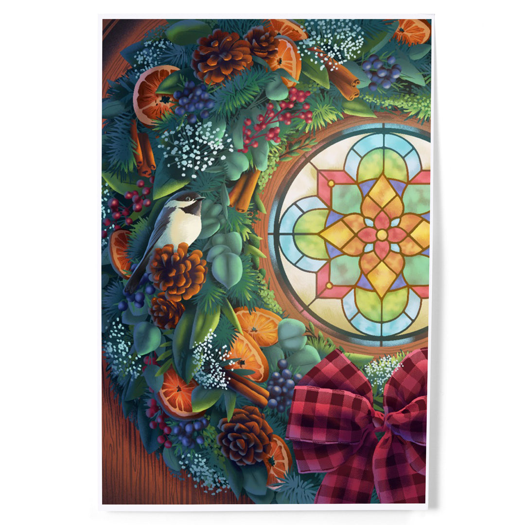 Christmas Wreath and Stained Glass Window, Art & Giclee Prints