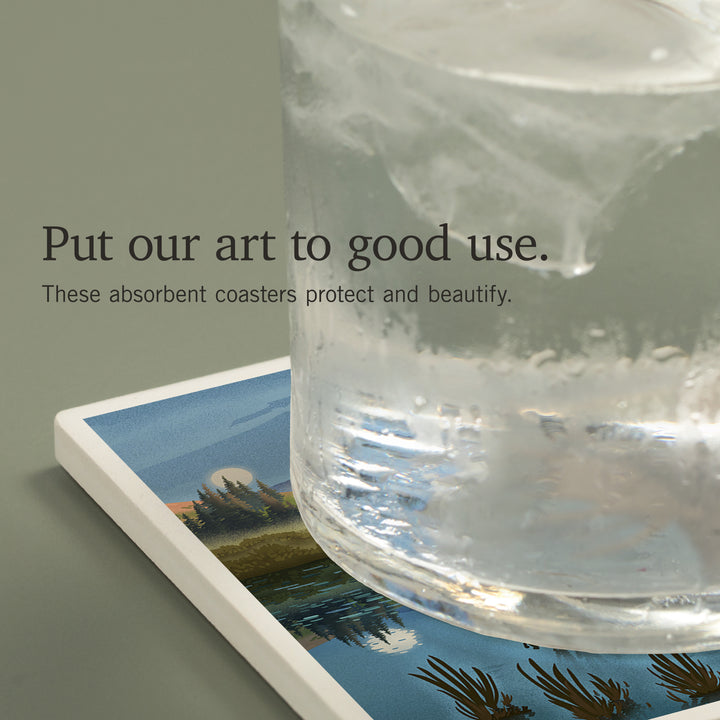 Yukon, Lithograph, Reflection Pond and Bull Moose, Coasters