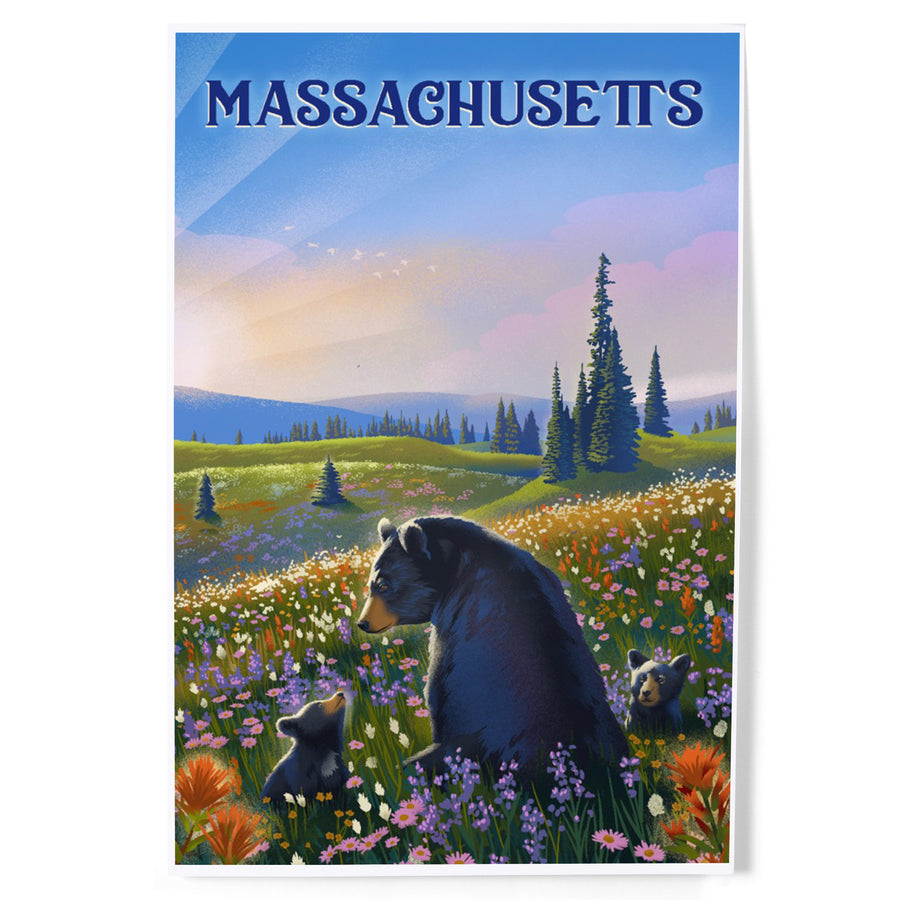 Massachusetts, Lithograph, Bear Family in Field, Art & Giclee Prints - Lantern Press