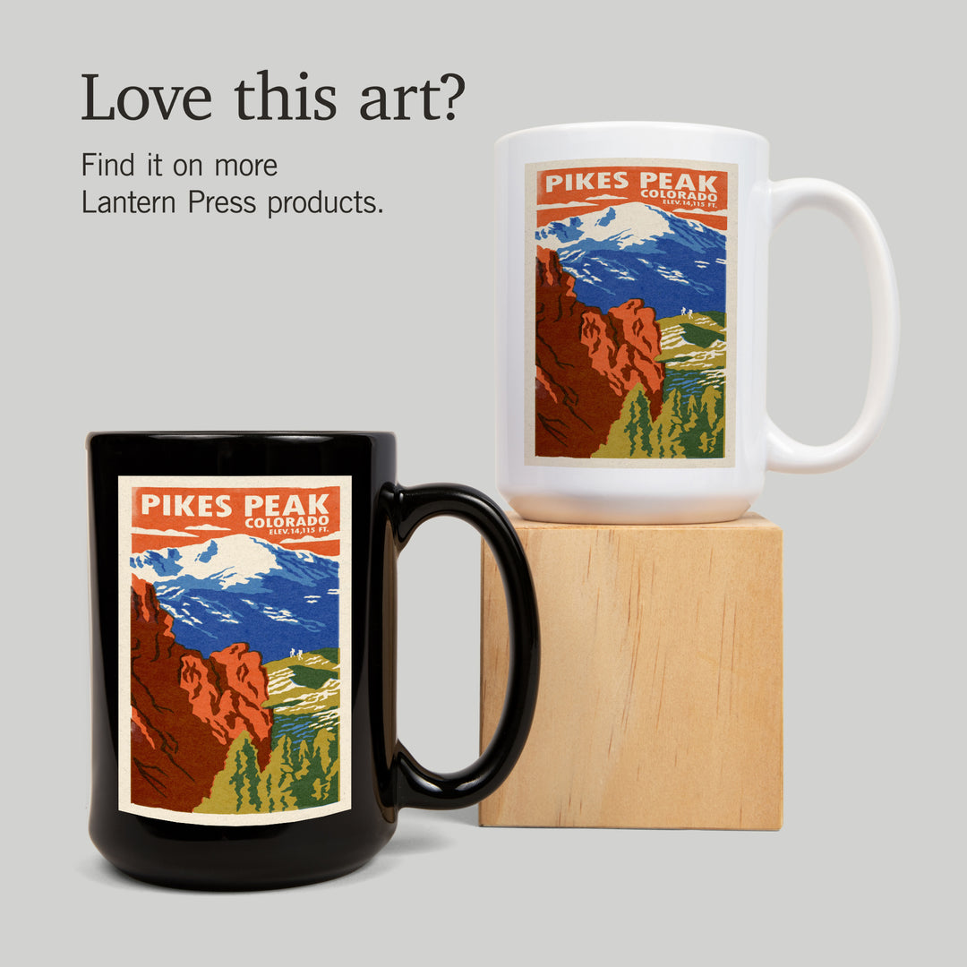 Pikes Peak, Colorado, Woodblock, Lantern Press Artwork, Ceramic Mug