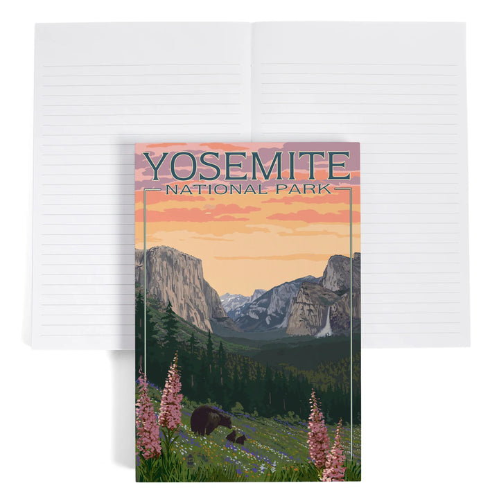 Lined 6x9 Journal, Yosemite National Park, California, Bear and Cubs with Flowers, Lay Flat, 193 Pages, FSC paper