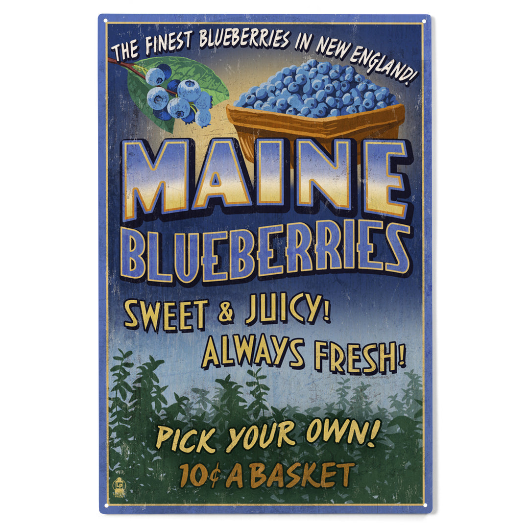 Maine, Blueberries Vintage Sign, Wood Sign and Postcards