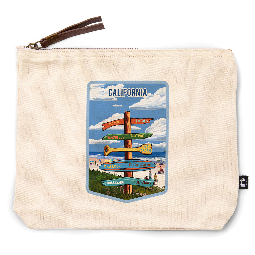 California, Signpost, Coast Beach with Umbrellas,, Organic Cotton Zipper Pouch, Go Bag