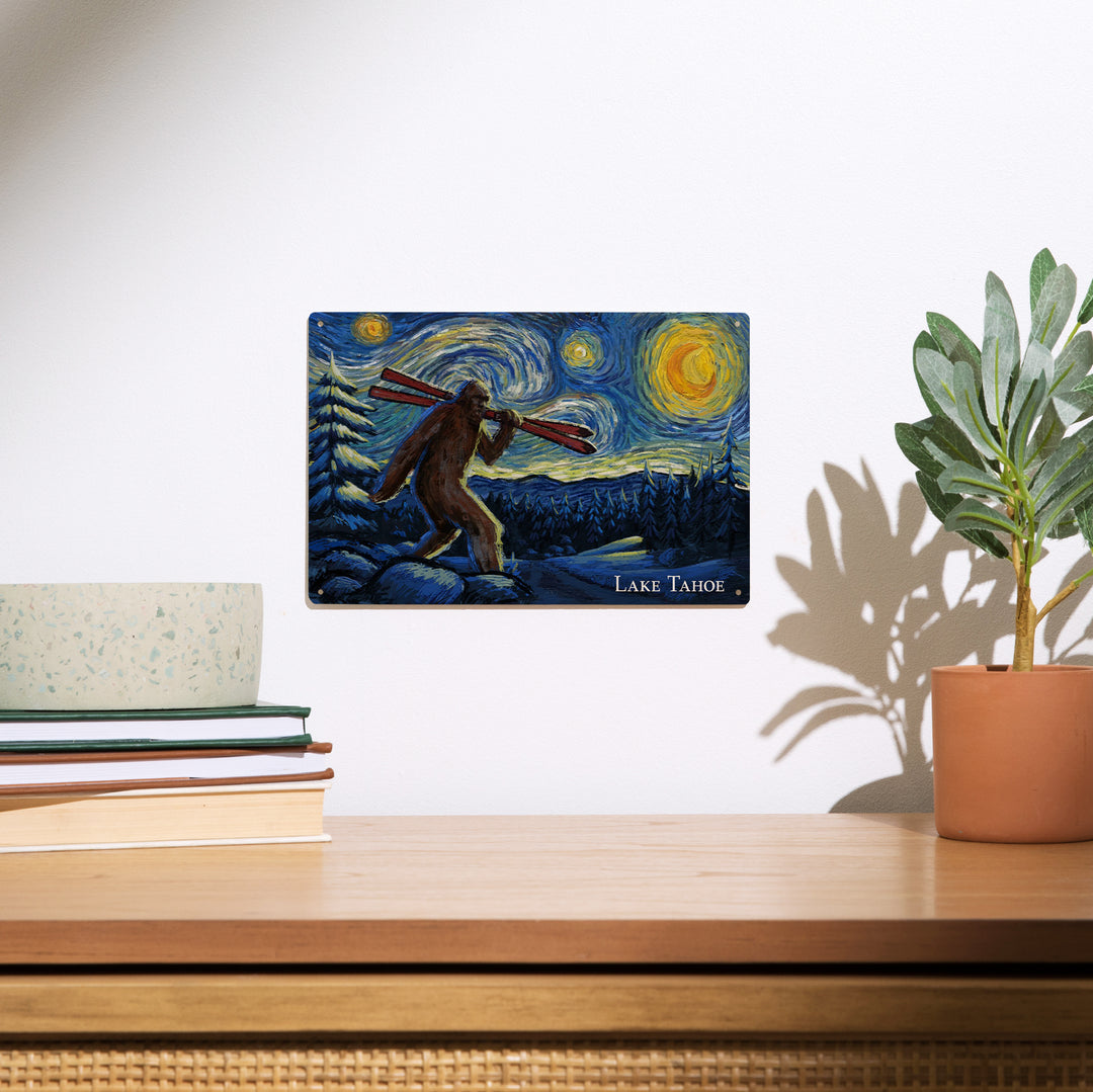 Lake Tahoe, California, Starry Night, Winter Bigfoot with Skis, Wood Signs and Postcards