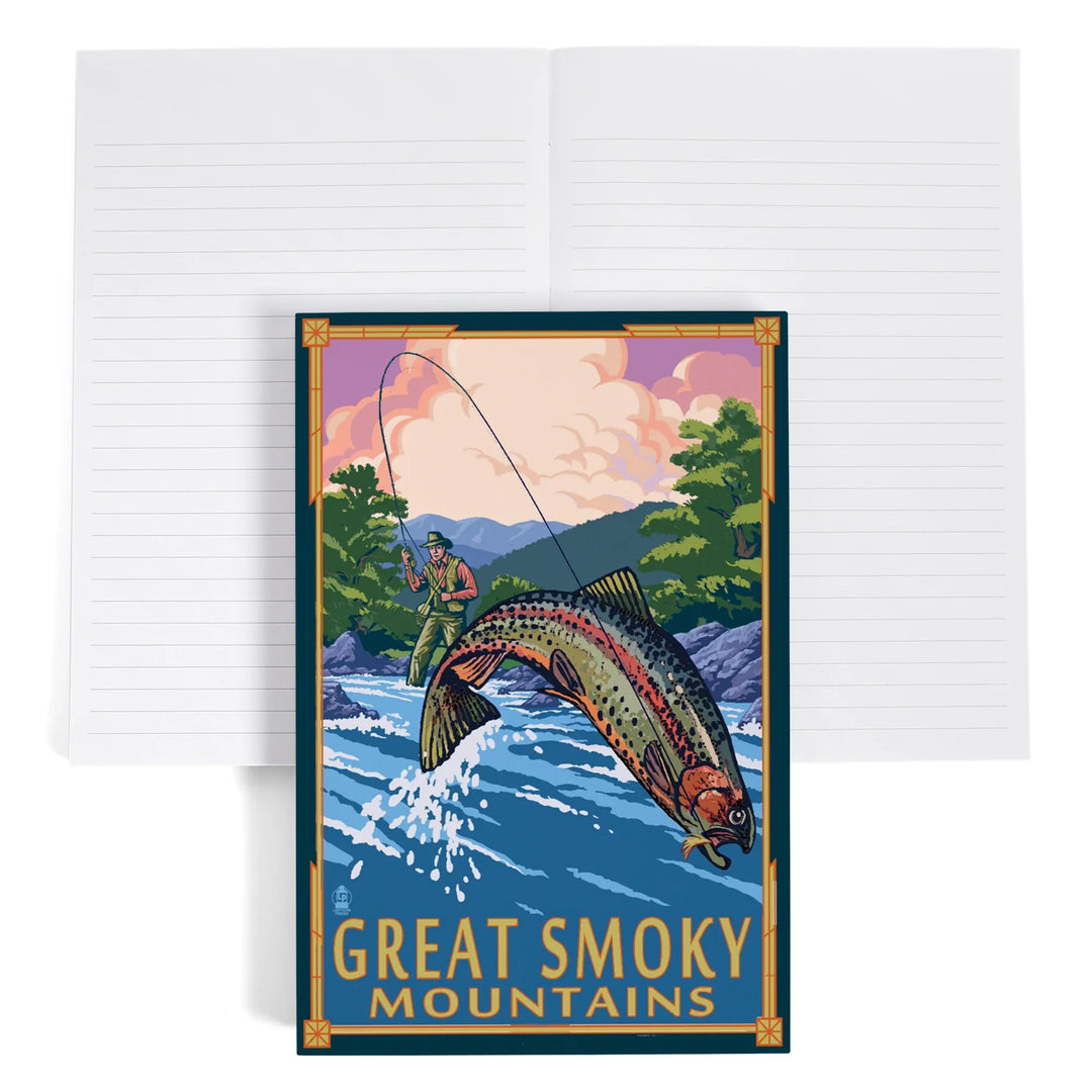 Lined 6x9 Journal, Great Smoky Mountains National Park, Tennessee, Painterly, Angler Fly Fishing Scene, Lay Flat, 193 Pages, FSC paper