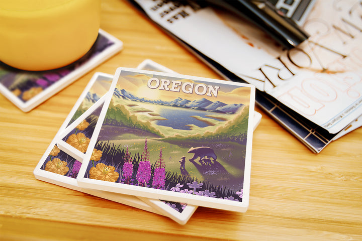 Oregon, Bear and Spring Flowers, Lithograph, Coaster Set