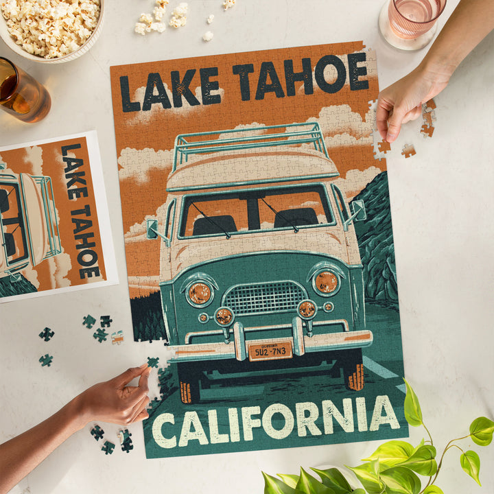 Lake Tahoe, California, Letterpress, Camper Van, Jigsaw Puzzle