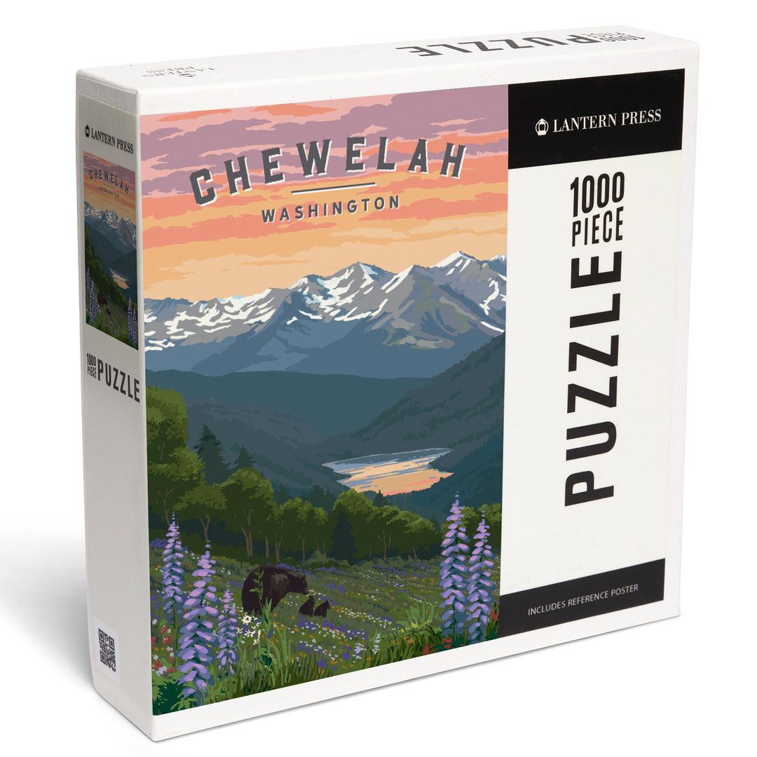 Chewelah, Washington, Painterly, Bear and Spring Flowers, 1000 Piece Jigsaw Puzzle