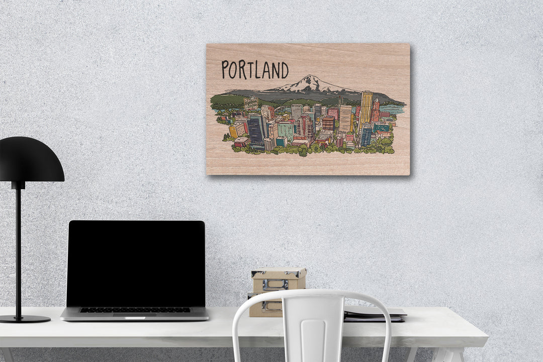 Portland, Oregon, Cityscape, Line Drawing, Lantern Press Artwork, Wood Signs and Postcards