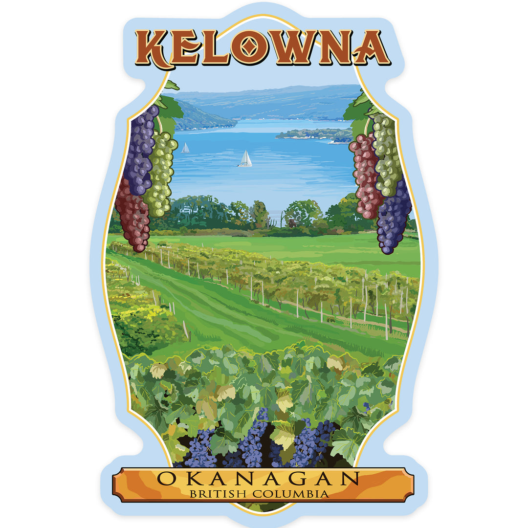 Kelowna, British Columbia, Okanagan Vineyard Scene, Contour, Vinyl Sticker