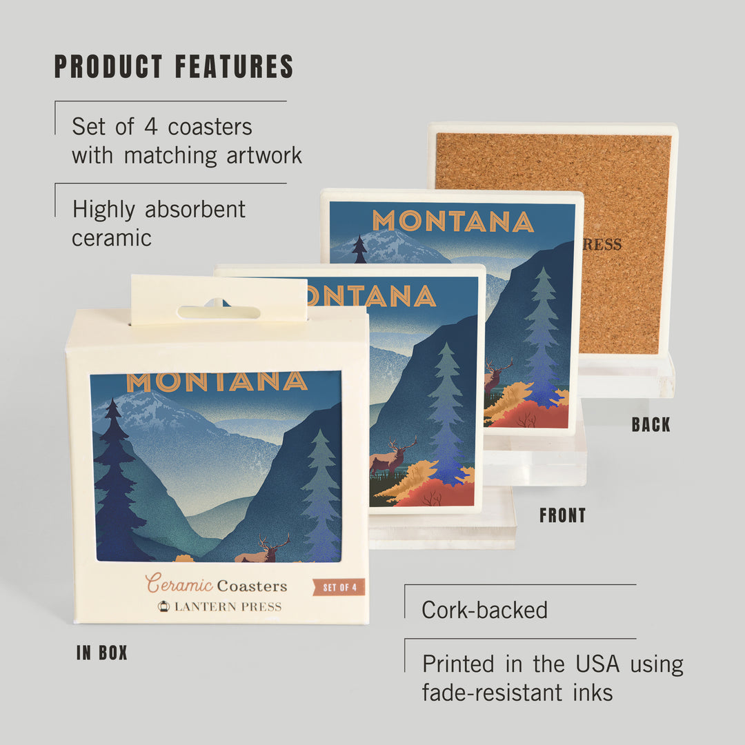 Montana, Lithograph, Elk and Mountains Scene ceramic coaster set