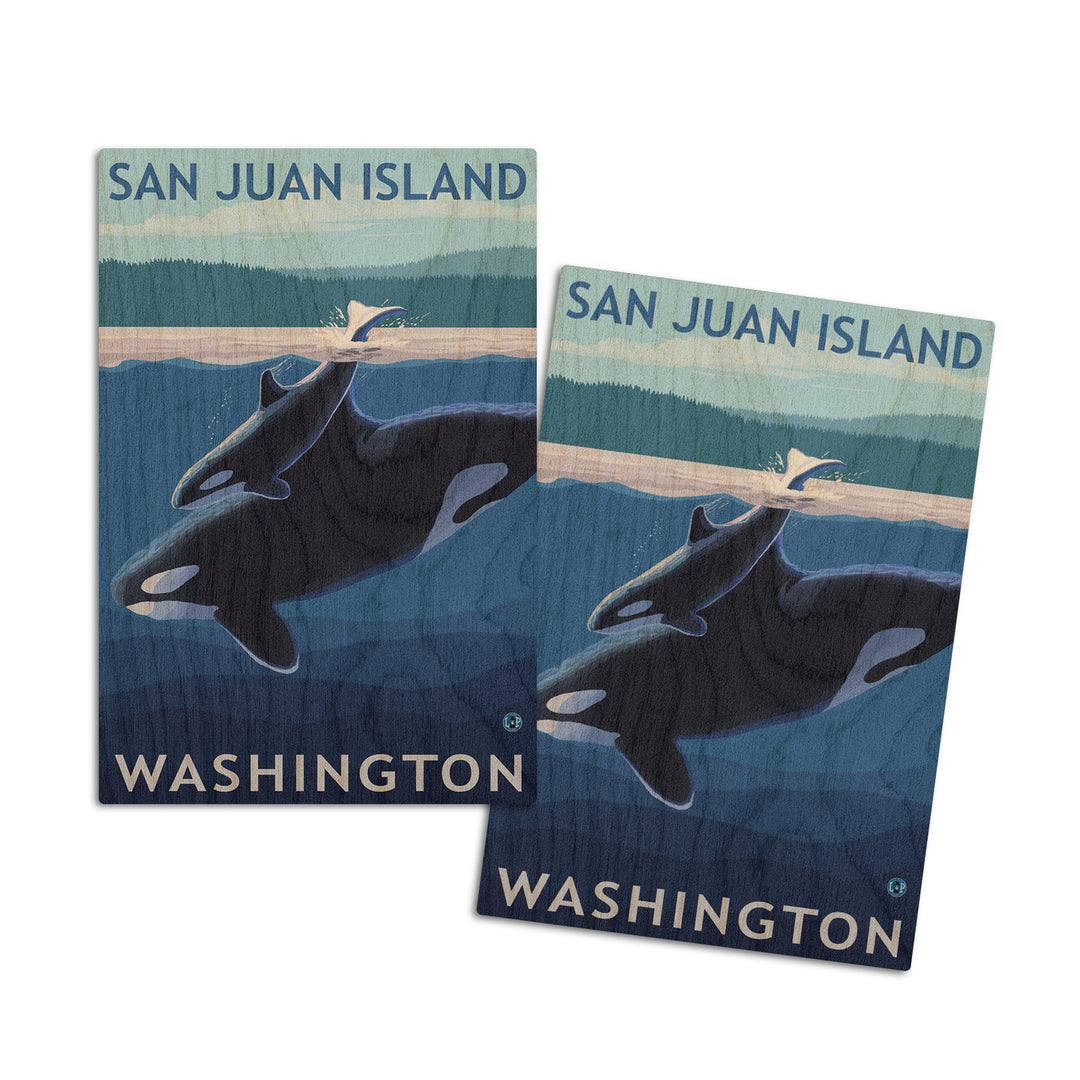 San Juan Island, Washington, Orca and Calf, Lantern Press Artwork, Wood Signs and Postcards