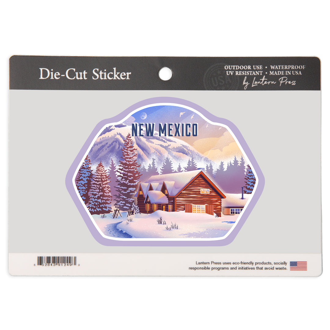 New Mexico, Lithograph, Mountain Lodge, Winter Scene, Vinyl Sticker