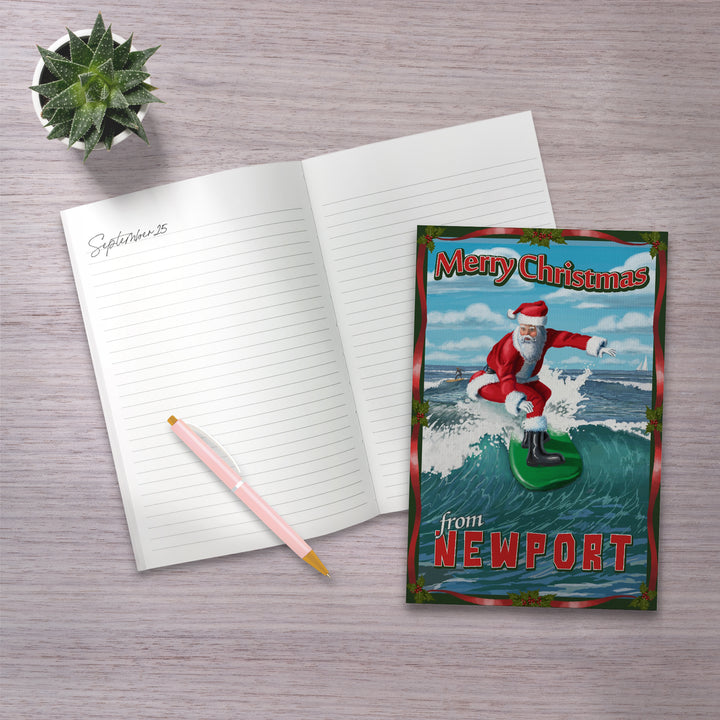 Lined 6x9 Journal, Newport Beach, California, Merry Christmas, Santa Surfing, Lay Flat, 193 Pages, FSC paper