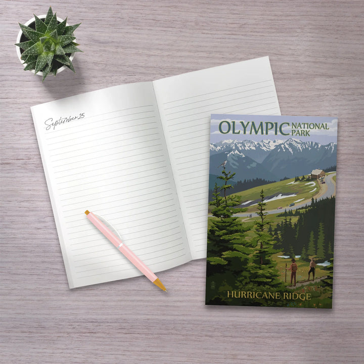 Lined 6x9 Journal, Olympic National Park, Washington, Hurricane Ridge and Hikers, Lay Flat, 193 Pages, FSC paper