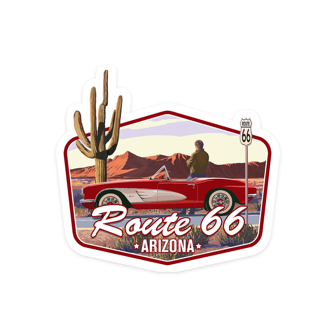 Arizona, Route 66, Classic Car with Red Rocks, Contour, Vinyl Sticker