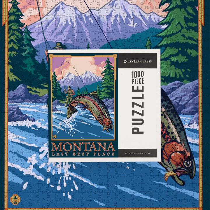 Montana, Last Best Place, Angler Fly Fishing Scene (Leaping Trout), Jigsaw Puzzle