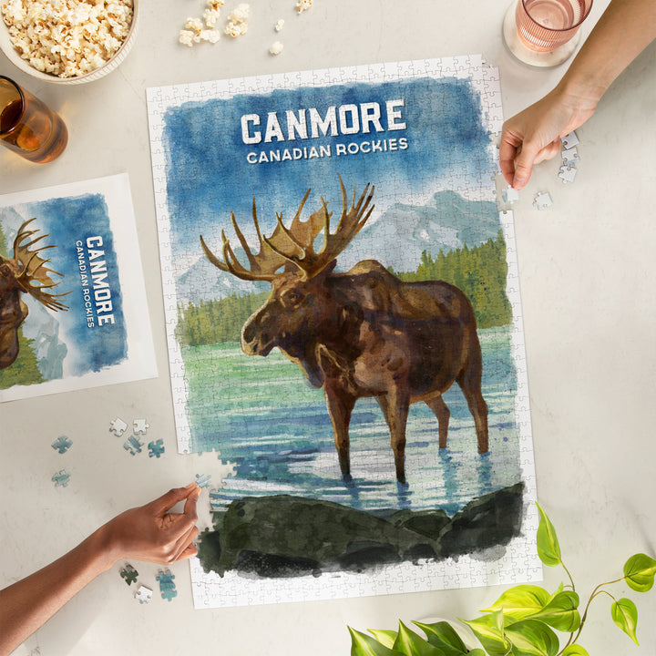 Canmore, Alberta, Canada, Watercolor, Moose, Jigsaw Puzzle