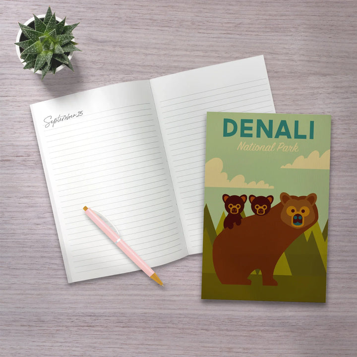 Lined 6x9 Journal, Denali National Park, Alaska, Bear and Cubs, Geometric, Lay Flat, 193 Pages, FSC paper
