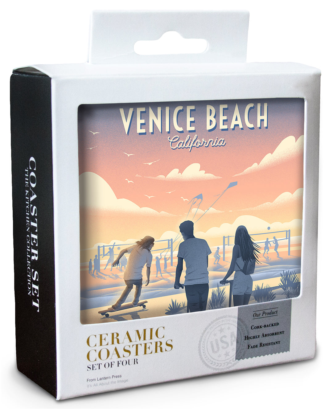 Venice Beach, California, Lithograph, Enjoy the Ride, Longboards and Scooters, Coaster Set