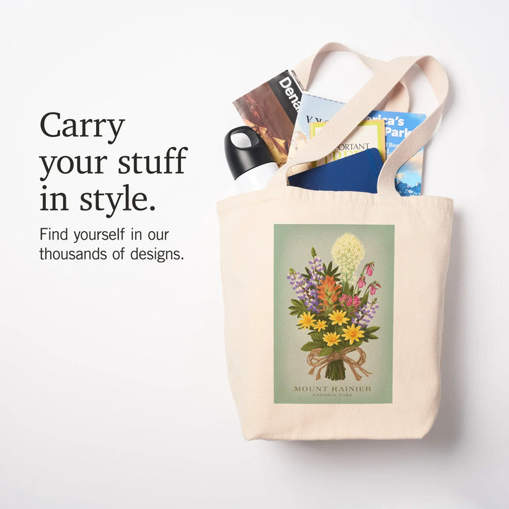 Mount Rainier National Park, WA, Wildflower Bouquet, Vintage Flora, Tote Bag