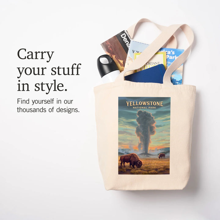 Yellowstone National Park, Wyoming, Oil Painting, Old Faithful Eruption, Tote Bag