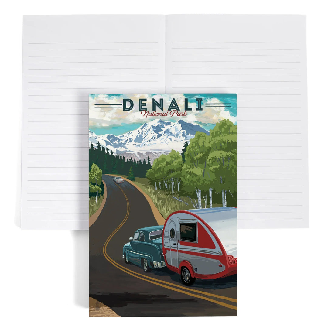 Lined 6x9 Journal, Denali National Park, Alaska, Retro Camper on Road, Lay Flat, 193 Pages, FSC paper