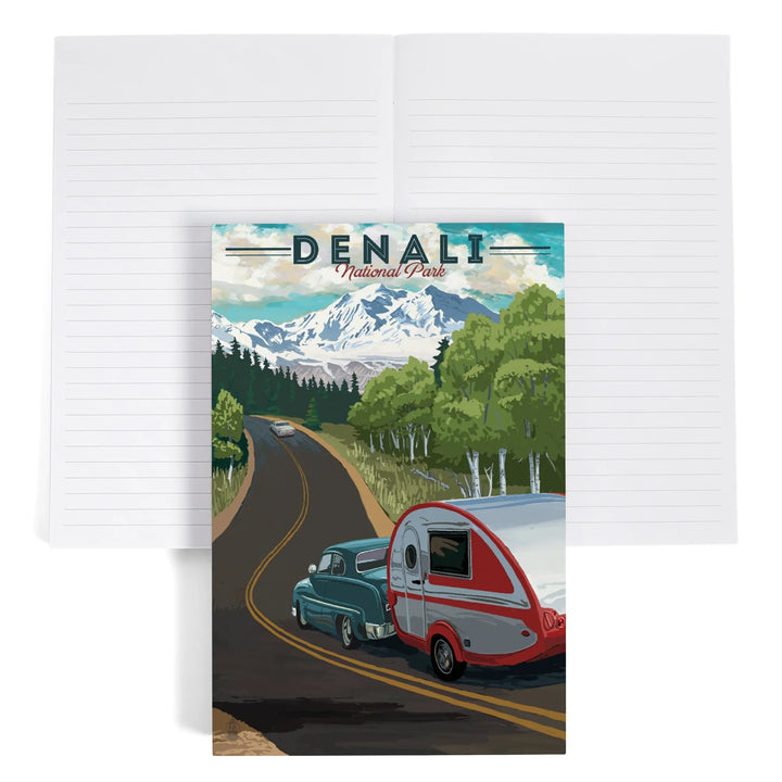 Lined 6x9 Journal, Denali National Park, Alaska, Retro Camper on Road, Lay Flat, 193 Pages, FSC paper