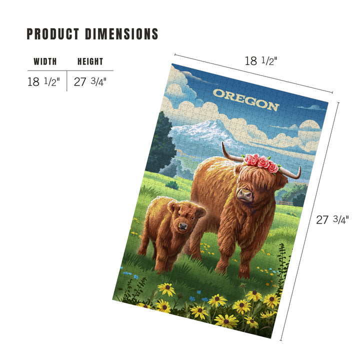 Oregon, Lithograph, Highland Cow and Calf, 1000 Piece Jigsaw Puzzle