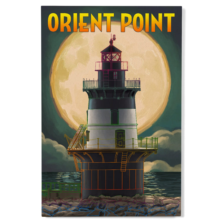 Orient Point, New York, Lighthouse & Full Moon, Lantern Press Artwork, Wood Signs and Postcards