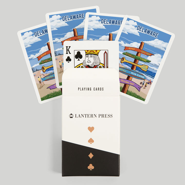 Playing Cards, Delaware, Signpost, Coast Beach with Pier, 52 Card Deck with Jokers in Box, Unique Art
