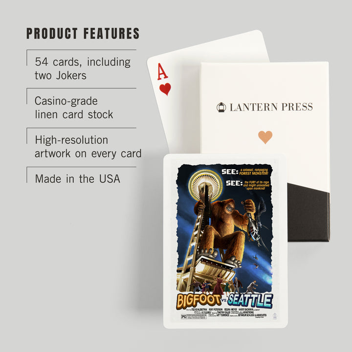 Playing Cards, Seattle, Washington, Bigfoot vs Seattle, 52 Card Deck with Jokers in Box, Unique Art