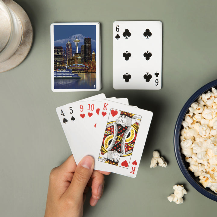 Playing Cards, Seattle, Washington, Night Skyline, Image Only, 52 Card Deck with Jokers in Box, Unique Art