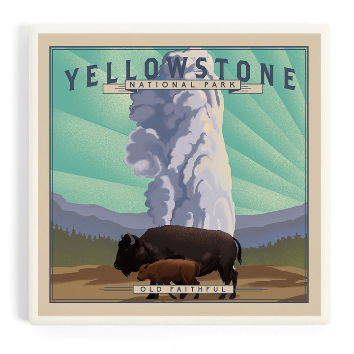 Yellowstone National Park, Wyoming, Old Faithful and Bison, Lithograph National Park Series, Coasters