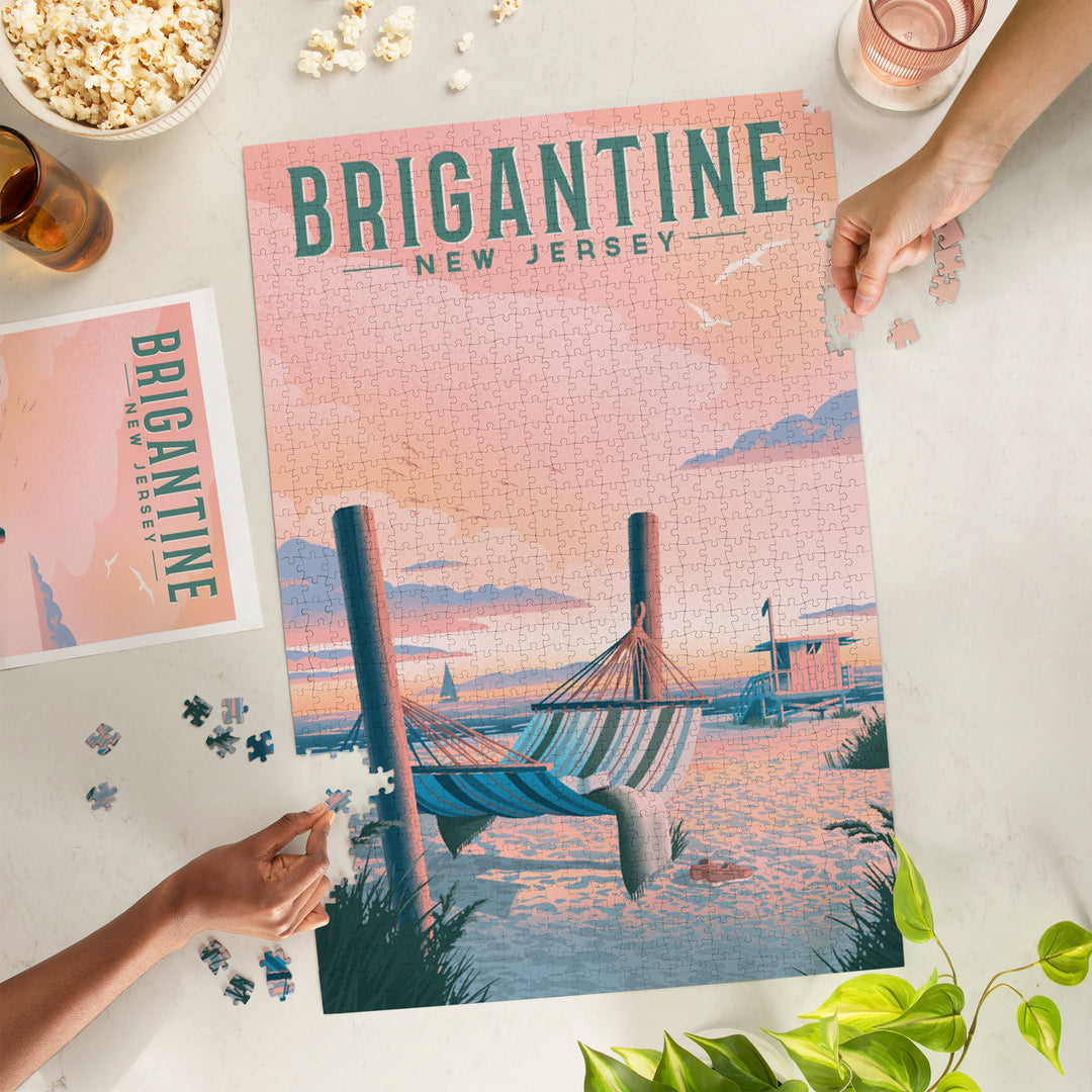 Brigantine, New Jersey, Lithograph, Salt Air, No Cares, Hammock on Beach, Jigsaw Puzzle