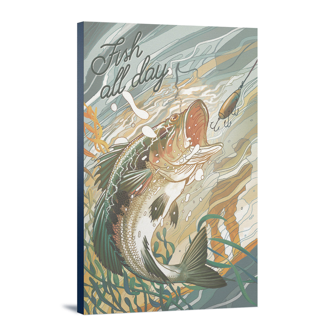 Fish All Day, Bass, Stretched Canvas - Lantern Press