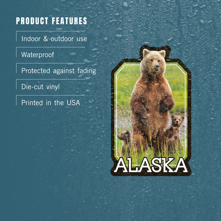 Alaska, Grizzly Bear and Cubs, Contour, Vinyl Sticker