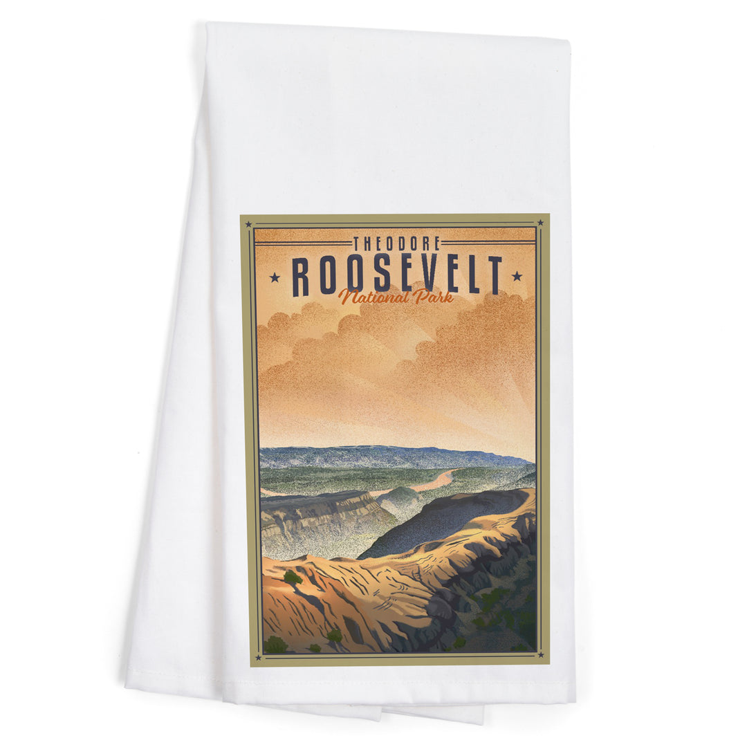 Theodore Roosevelt National Park, North Dakota, Lithograph National Park Series, Organic Cotton Kitchen Tea Towels