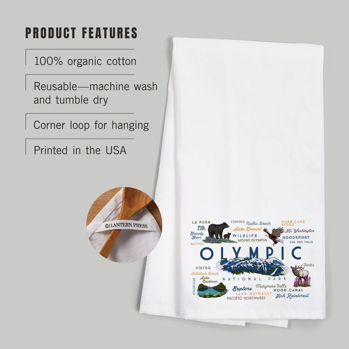 Olympic National Park, Washington, Mountain Range, Typography and Icons, Organic Cotton Kitchen Tea Towels