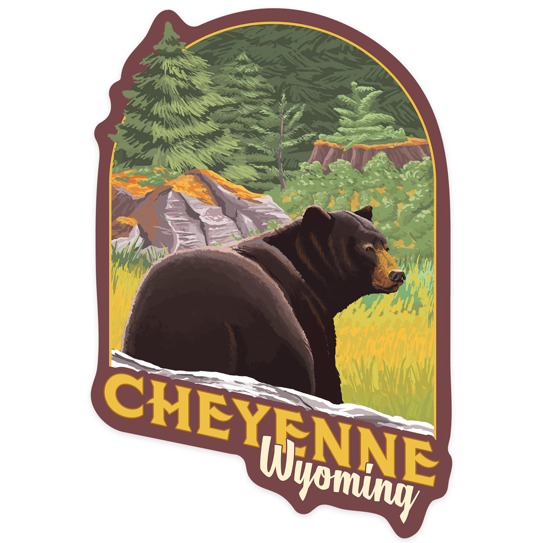 Cheyenne, Wyoming, Bear in Forest, Contour, Vinyl Sticker