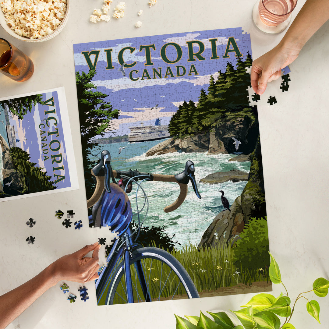 Victoria, Canada, Painterly, Coastal Scene, Bike and Ferry, 1000 Piece Jigsaw Puzzle