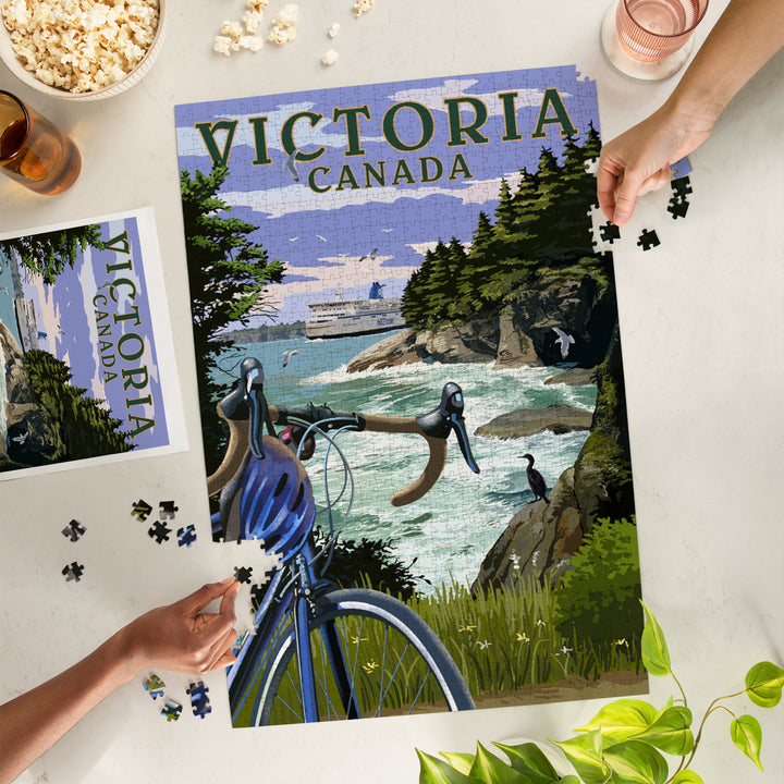 Victoria, Canada, Painterly, Coastal Scene, Bike and Ferry, 1000 Piece Jigsaw Puzzle