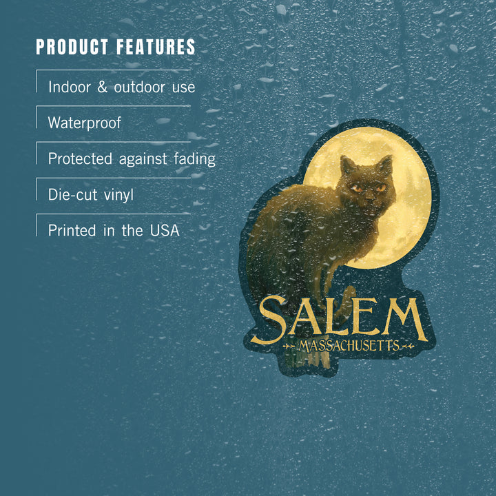 Salem, Massachusetts, Black Cat, Halloween Oil Painting, Dark Background, Contour, Lantern Press Artwork, Vinyl Sticker