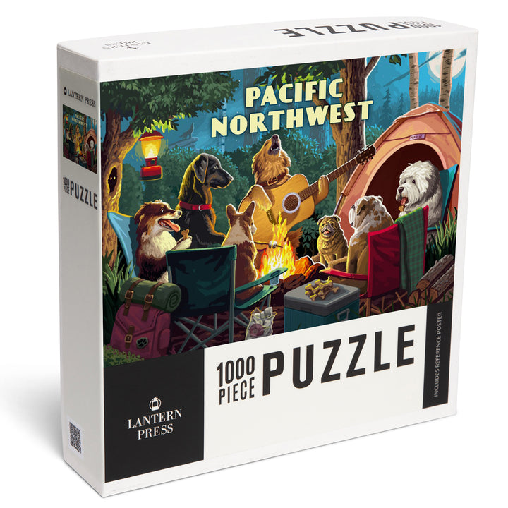 Pacific Northwest, Painterly, Pack Life, Dogs Around Campfire, Jigsaw Puzzle