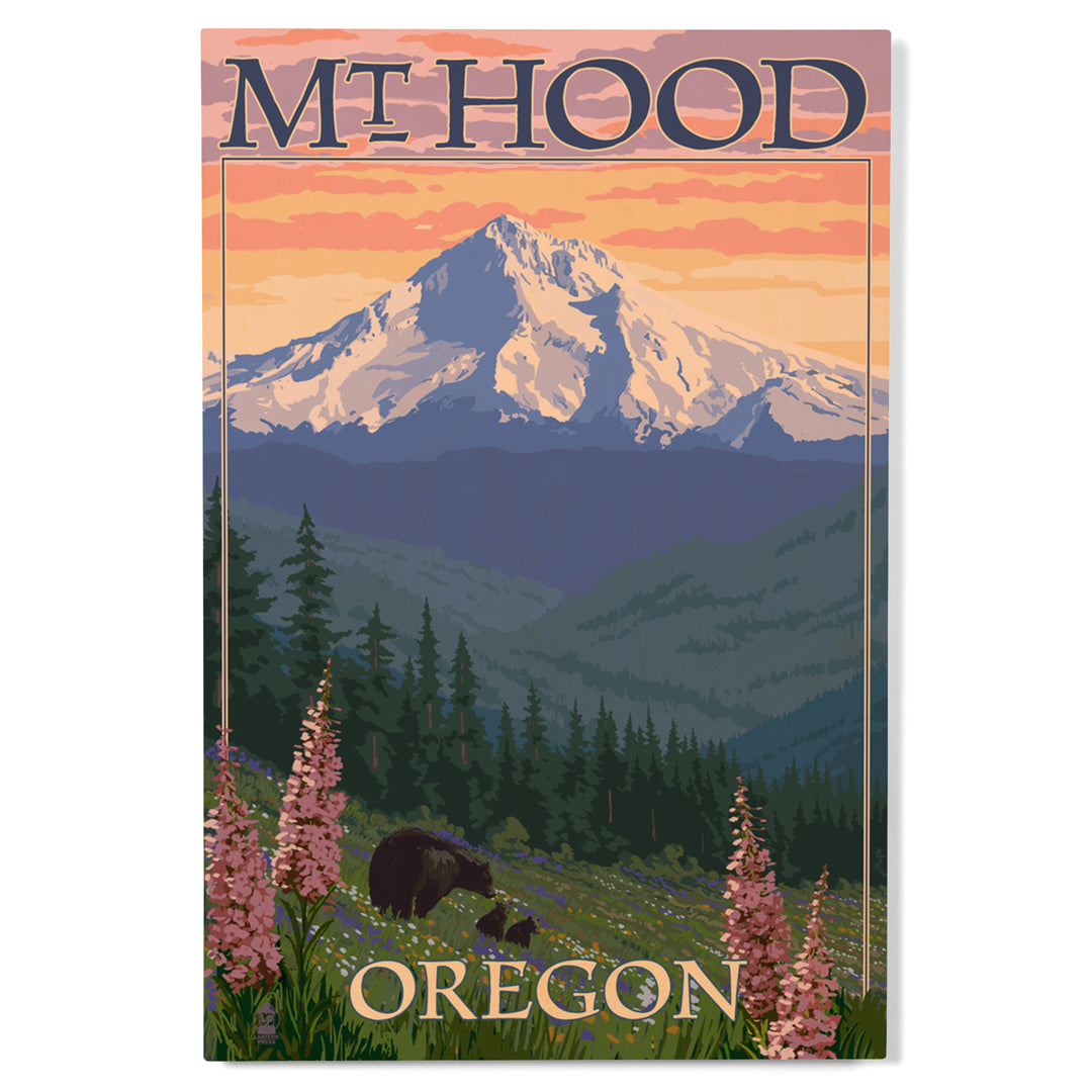 Mt. Hood, Oregon, Bear Family & Spring Flowers, Lantern Press Artwork, Wood Signs and Postcards
