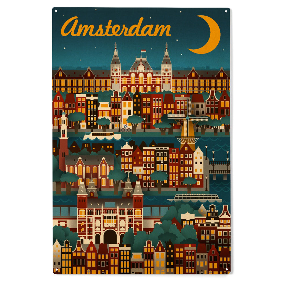 Amsterdam, Retro Skyline, Wood Sign and Postcards